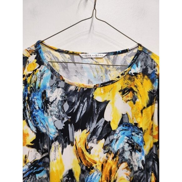 Peter Nygaro Womens Tunic Top 1X Blue Yellow Floral Stretch 3/4 Ruched Sleeve - Picture 2 of 7